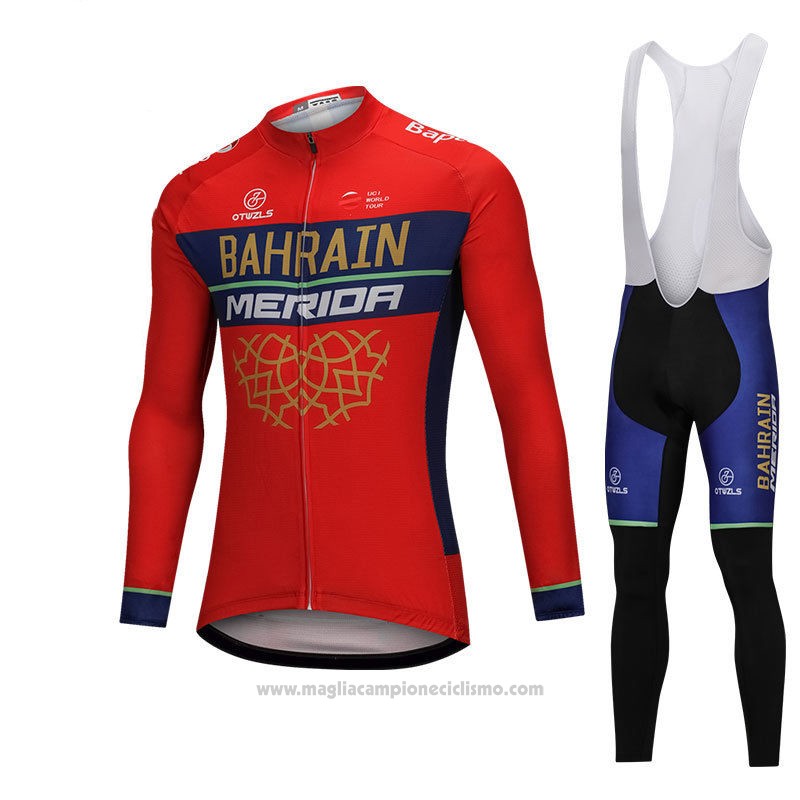 2018 Abbigliamento Ciclismo Bahrain Merida Rosso Manica Lunga e Salopette